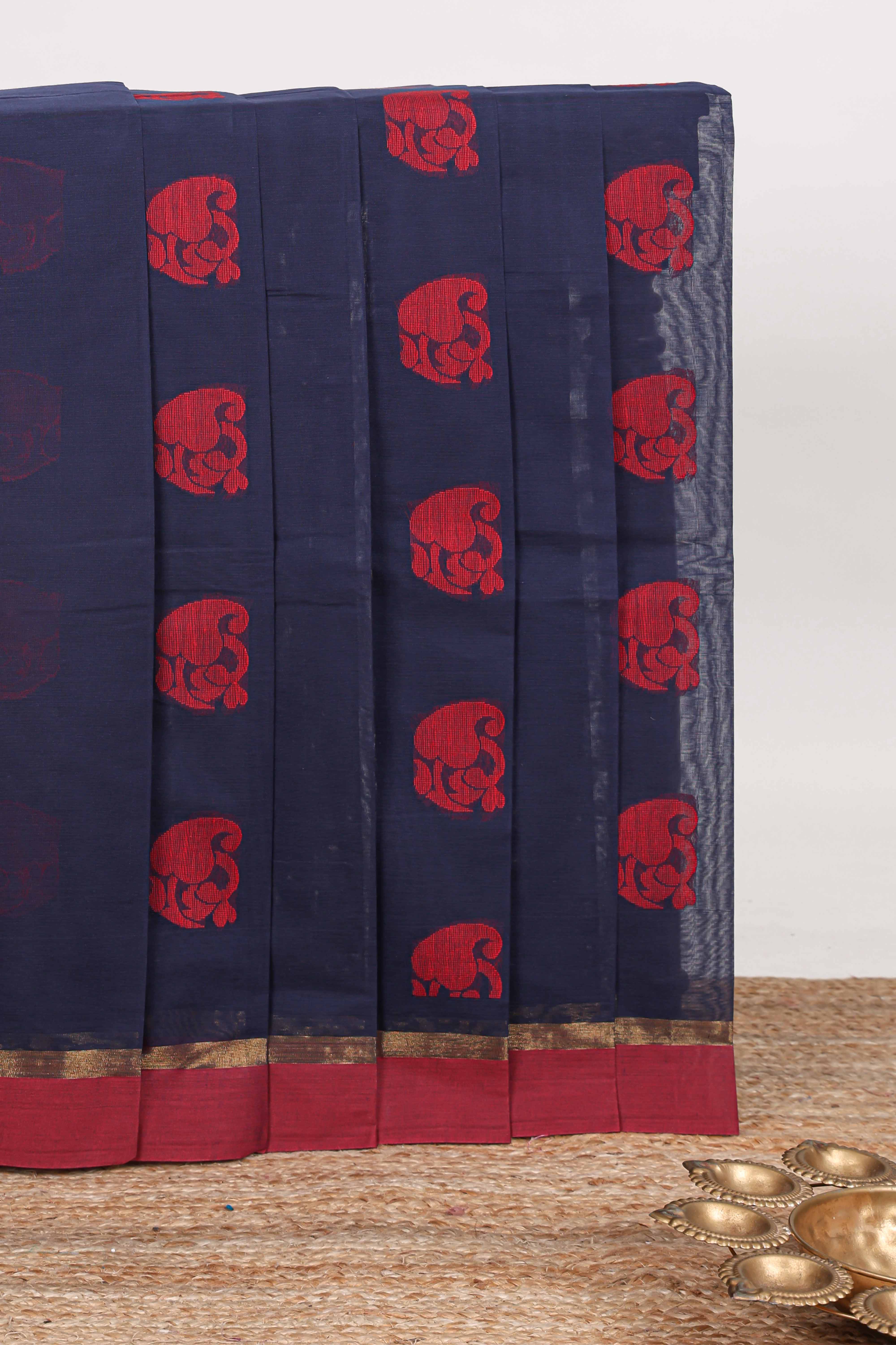 Navy blue floral motifs kovai cotton saree with contrast border and matching pallu