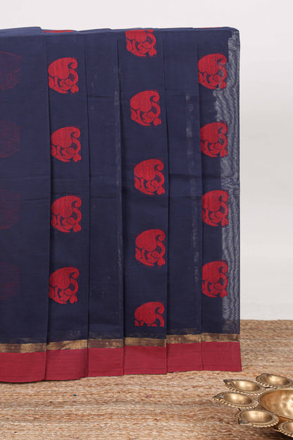 Navy blue floral motifs kovai cotton saree with contrast border and matching pallu