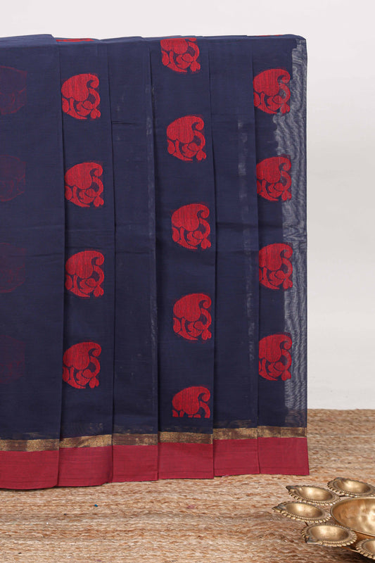 Navy blue floral motifs kovai cotton saree with contrast border and matching pallu