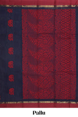 Navy blue floral motifs kovai cotton saree with contrast border and matching pallu