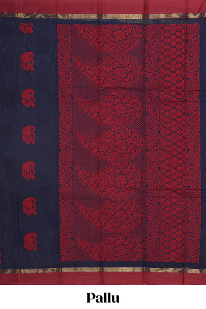 Navy blue floral motifs kovai cotton saree with contrast border and matching pallu