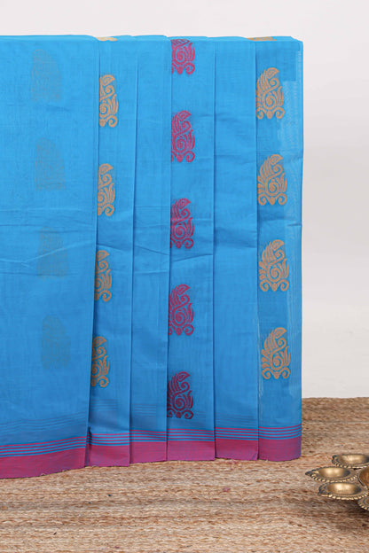 Turquoise blue floral motifs kovai cotton saree with contrast border and matching pallu