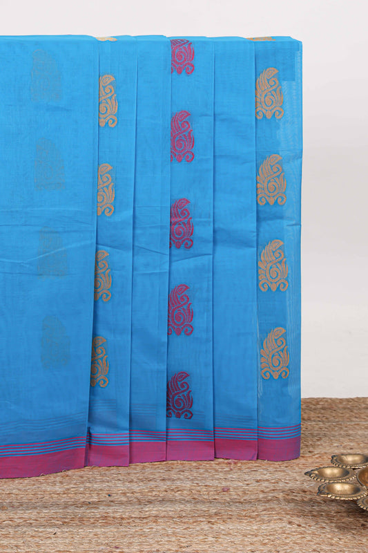 Turquoise blue floral motifs kovai cotton saree with contrast border and matching pallu