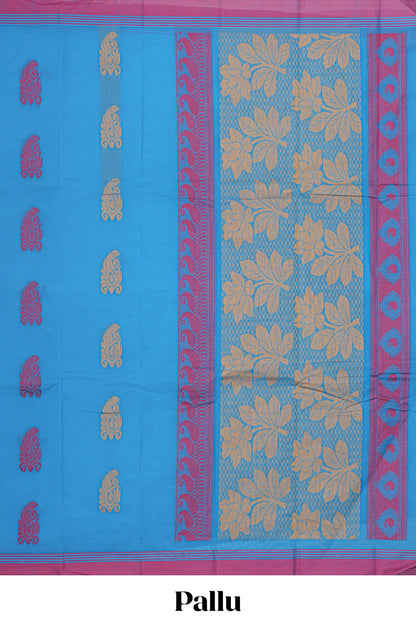 Turquoise blue floral motifs kovai cotton saree with contrast border and matching pallu
