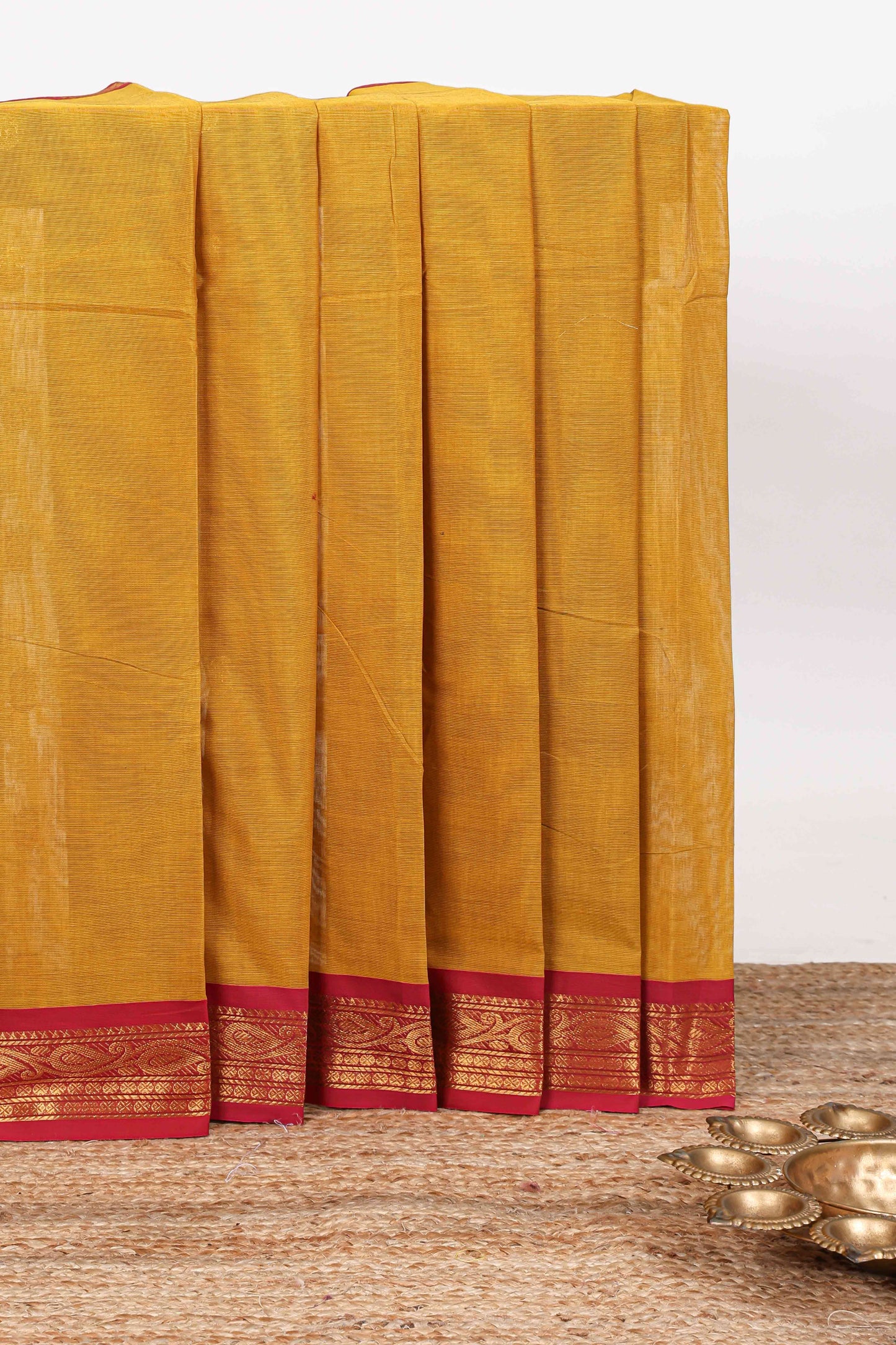 Mustard zari motifs kovai cotton saree with contrast border and zari design pallu