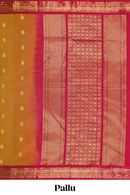 Mustard zari motifs kovai cotton saree with contrast border and zari design pallu