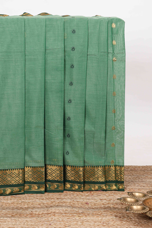 Green zari motifs kovai cotton saree with contrast border and zari design pallu