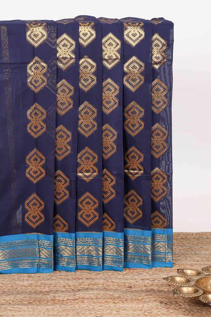 Dark blue geometric zari motifs kovai cotton saree with contrast border and zari design pallu