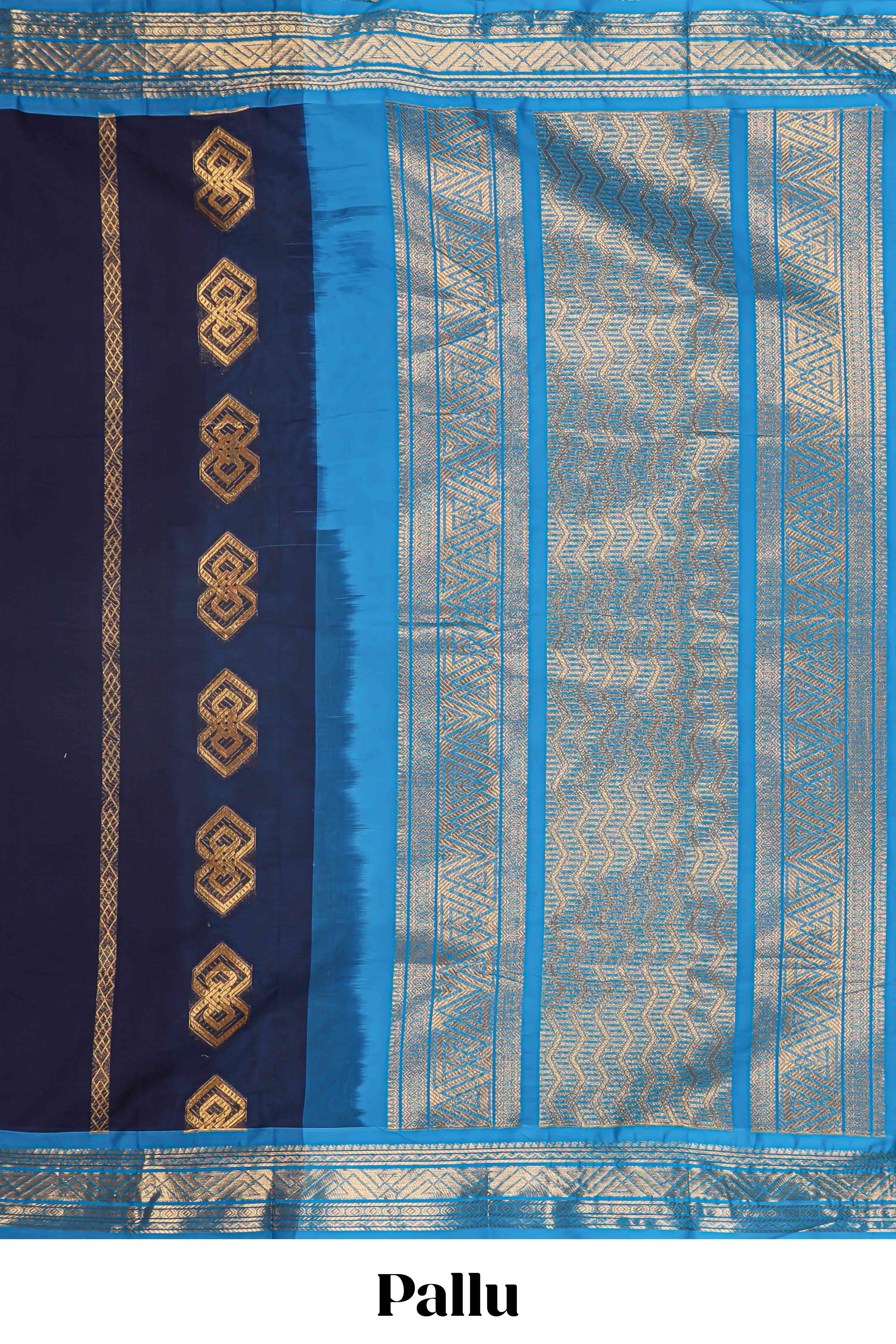 Dark blue geometric zari motifs kovai cotton saree with contrast border and zari design pallu
