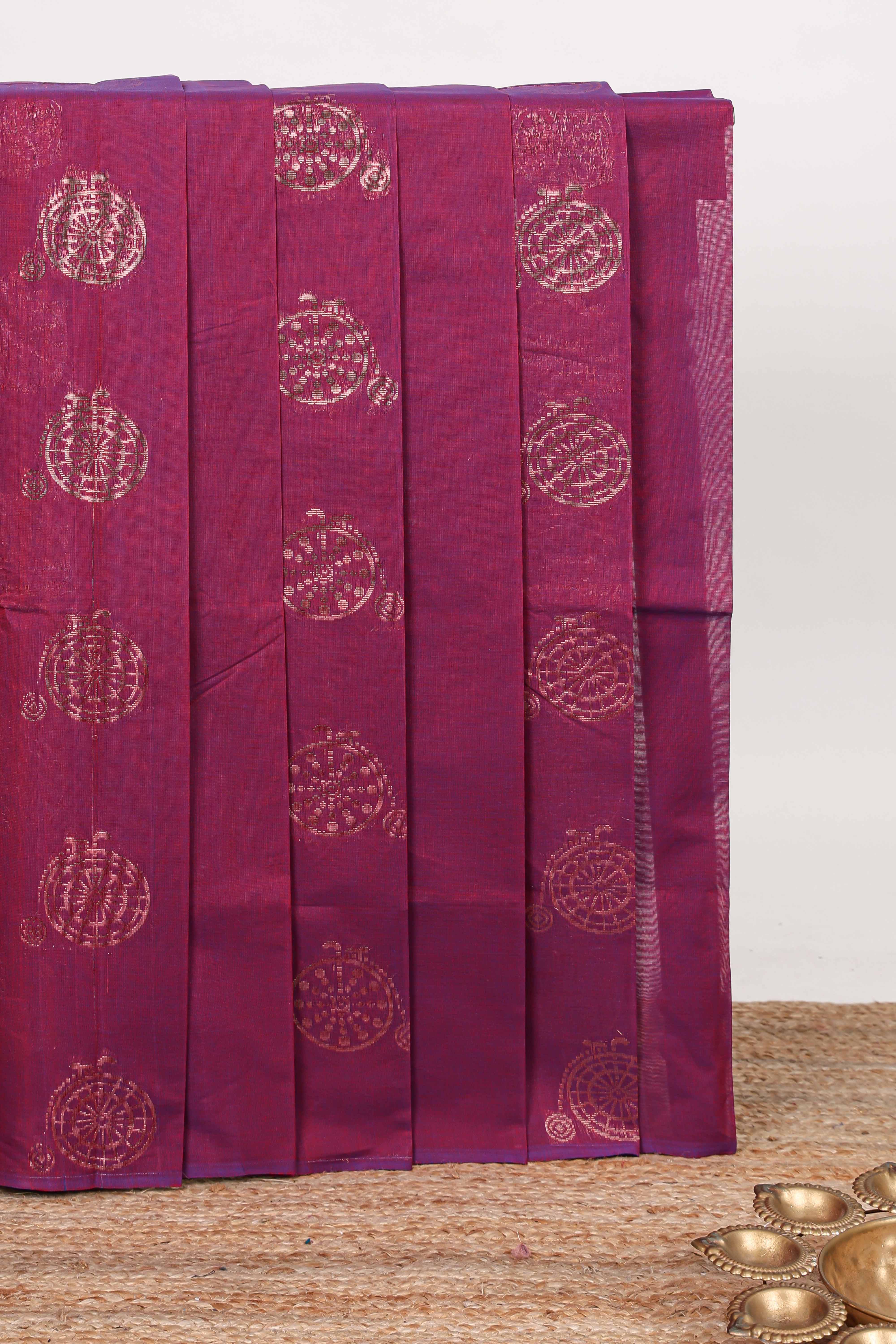 Borderless maroon zari motifs kovai cotton saree with contrast pallu and blouse