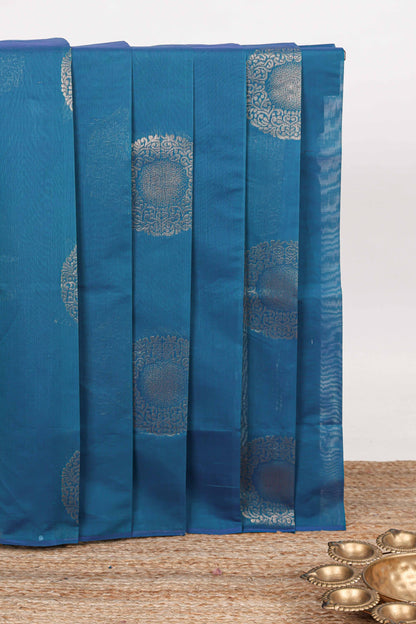 Borderless blue zari motifs kovai cotton saree with contrast pallu and blouse