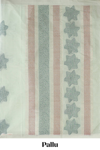 Borderless pastel green motifs kovai cotton saree with self pallu and matching pallu