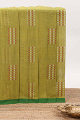 Green geometric pattern kovai cotton saree with contrast border and checked design pallu and matching blouse