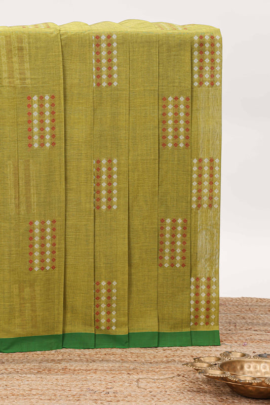 Green geometric pattern kovai cotton saree with contrast border and checked design pallu and matching blouse