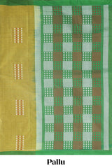 Green geometric pattern kovai cotton saree with contrast border and checked design pallu and matching blouse
