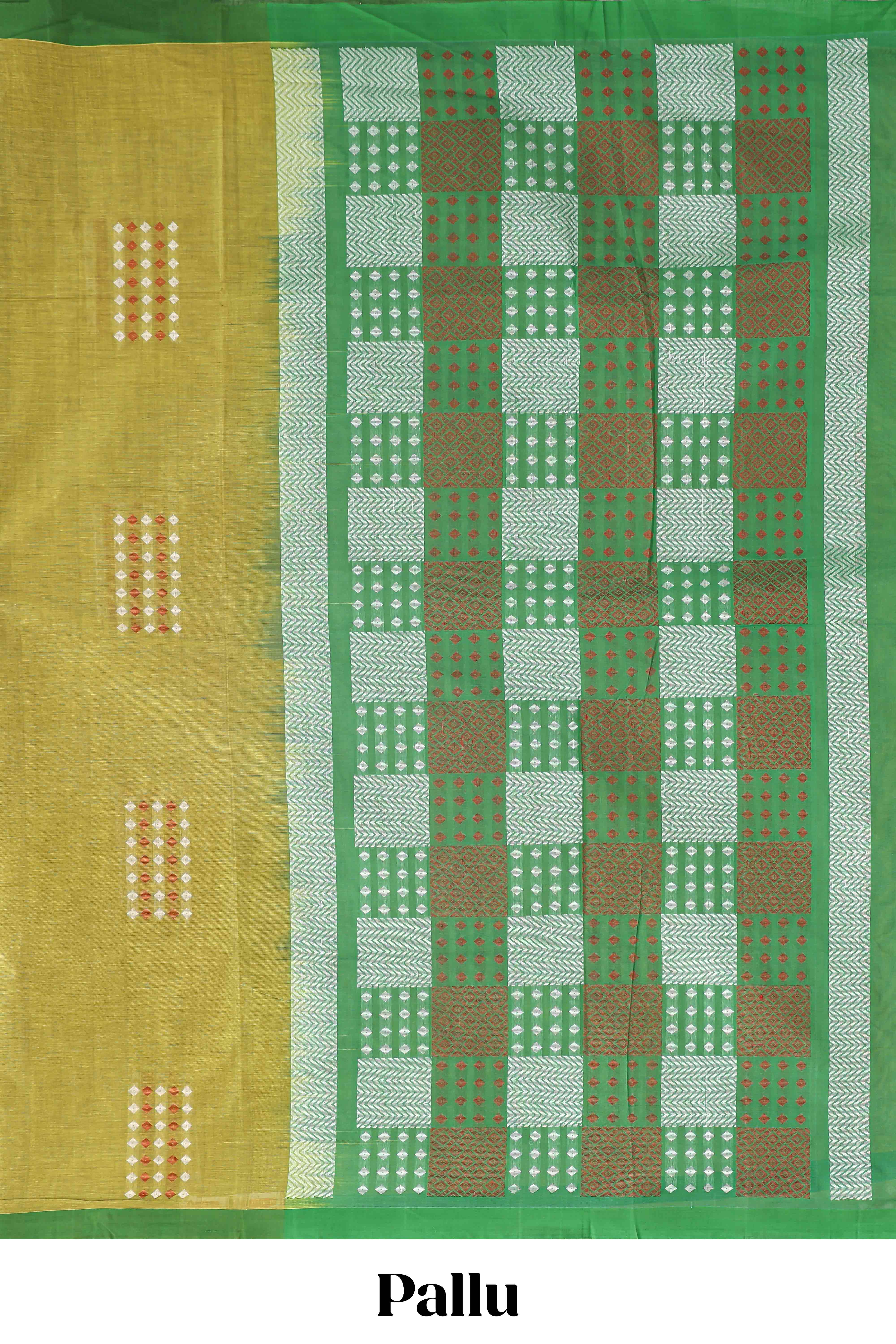 Green geometric pattern kovai cotton saree with contrast border and checked design pallu and matching blouse