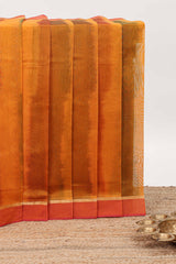 Orange plain ikkat cotton saree with contrast border and zari striped pallu