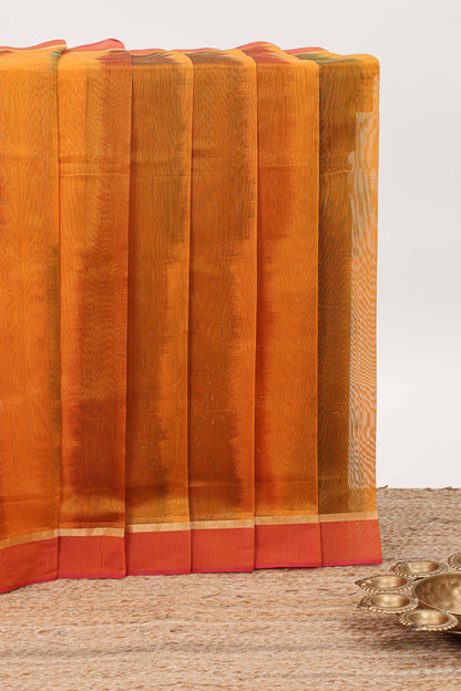 Orange plain ikkat cotton saree with contrast border and zari striped pallu