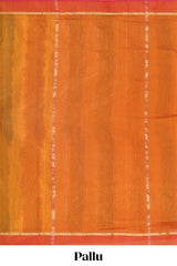 Orange plain ikkat cotton saree with contrast border and zari striped pallu