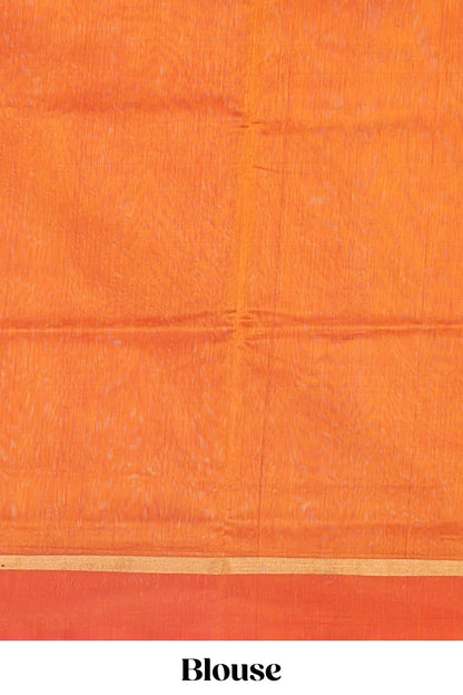 Orange plain ikkat cotton saree with contrast border and zari striped pallu