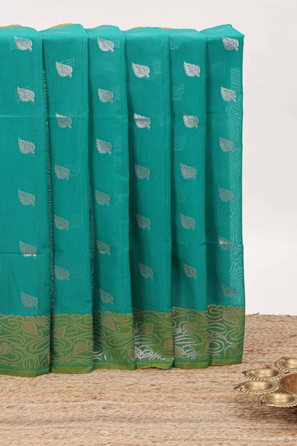 Peacock green leaf zari motifs semisilk cotton saree with contrast zari pallu and blouse