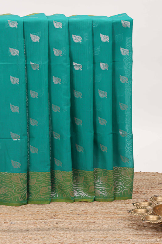 Peacock green leaf zari motifs semisilk cotton saree with contrast zari pallu and blouse