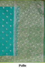 Peacock green leaf zari motifs semisilk cotton saree with contrast zari pallu and blouse