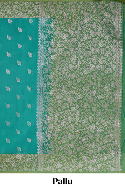 Peacock green leaf zari motifs semisilk cotton saree with contrast zari pallu and blouse