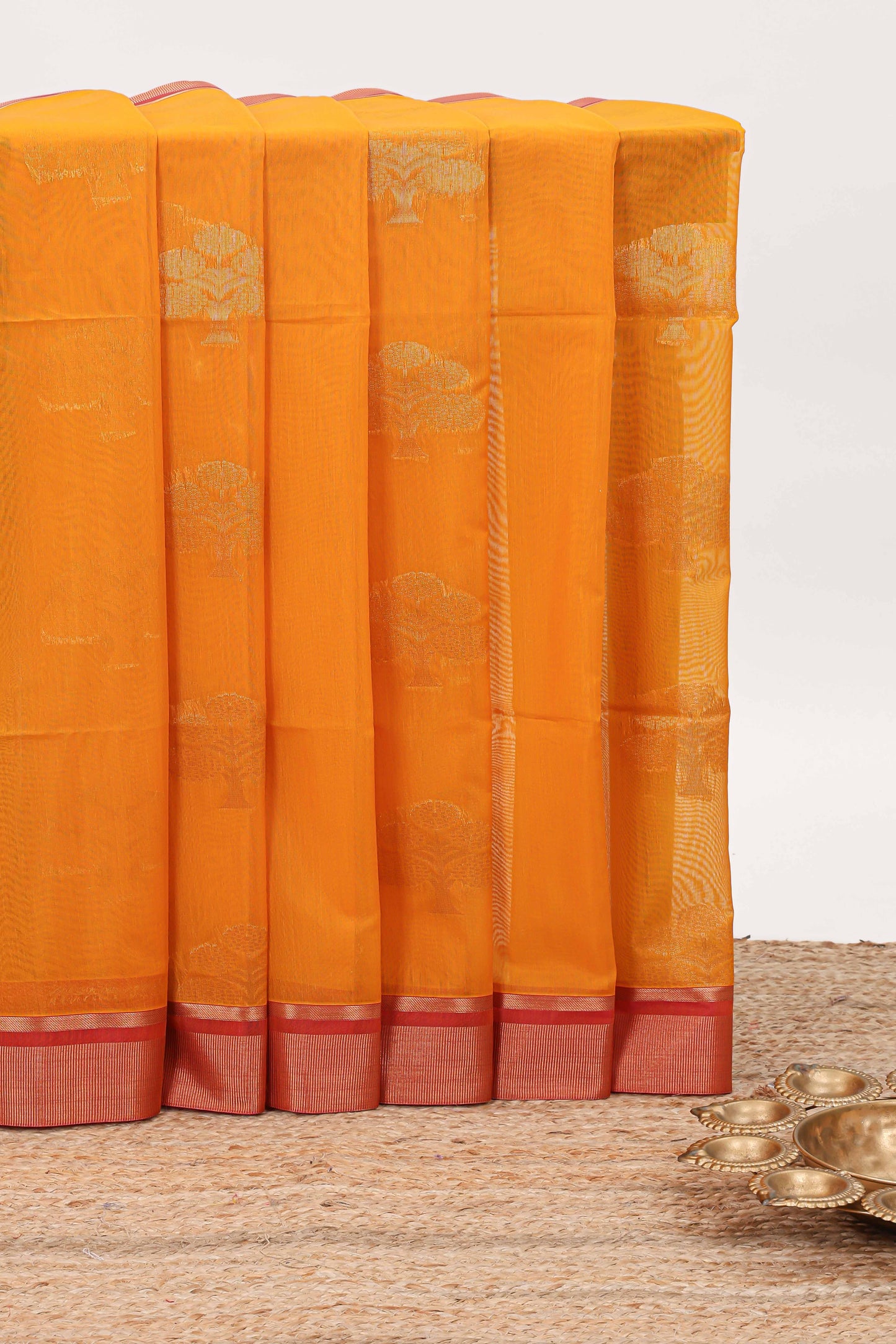 Mustard tree zari motifs semisilk cotton saree with contrast zari border and blouse