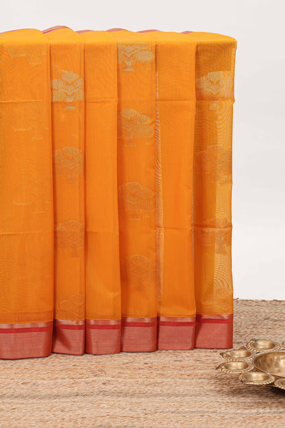 Mustard tree zari motifs semisilk cotton saree with contrast zari border and blouse
