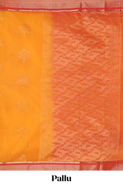 Mustard tree zari motifs semisilk cotton saree with contrast zari border and blouse