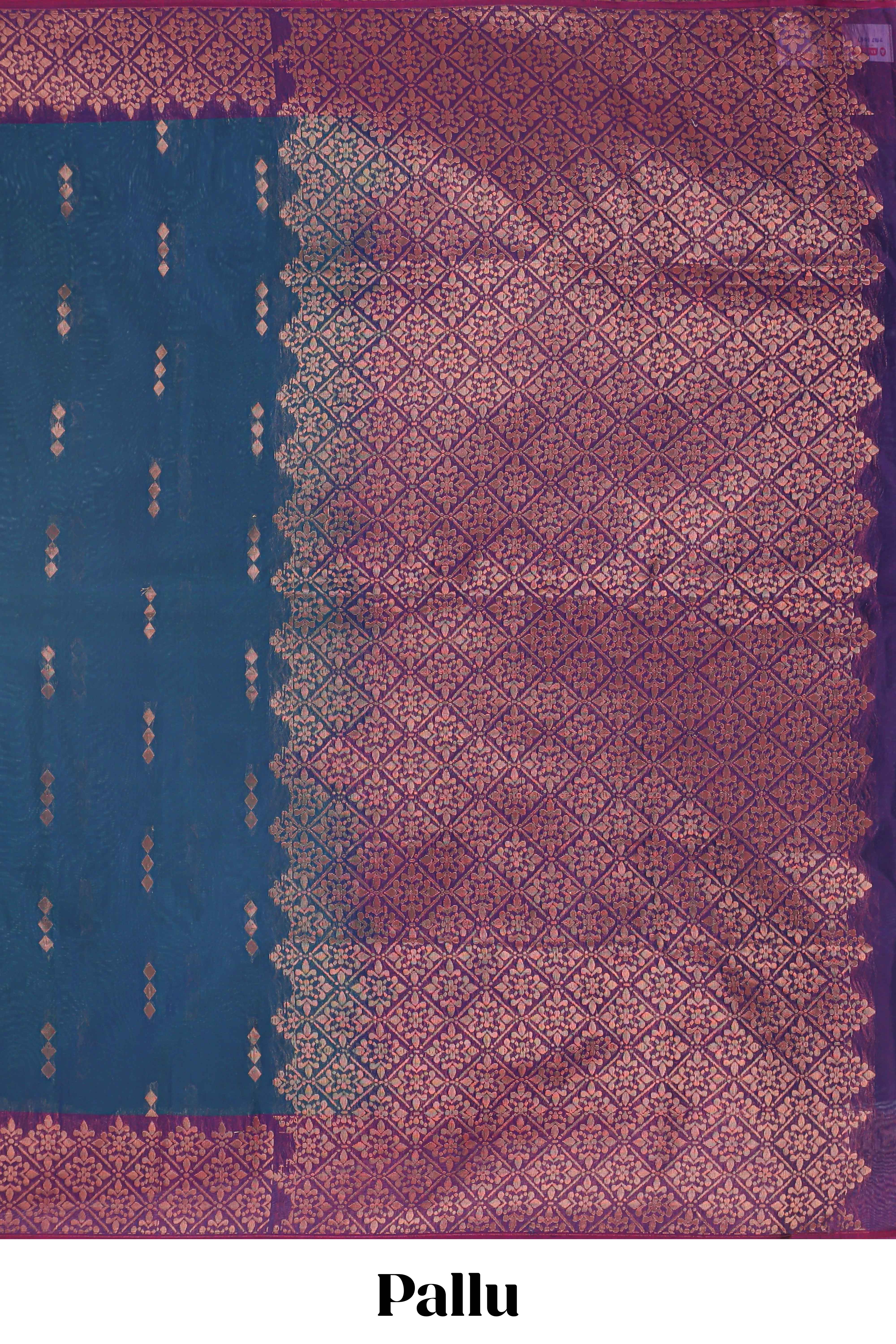 Blue zari motifs semisilk cotton saree with contrast zari border and matching blouse