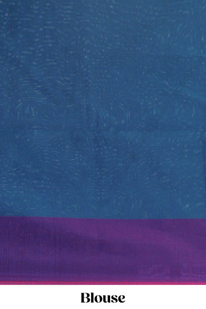 Blue zari motifs semisilk cotton saree with contrast zari border and matching blouse