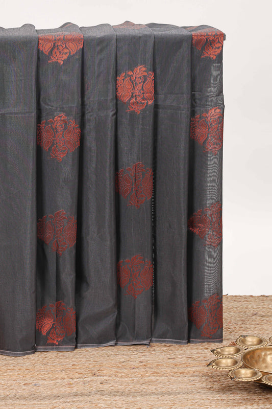 Borderless grey floral motifs semisilk cotton saree with contrast zari pallu and blouse