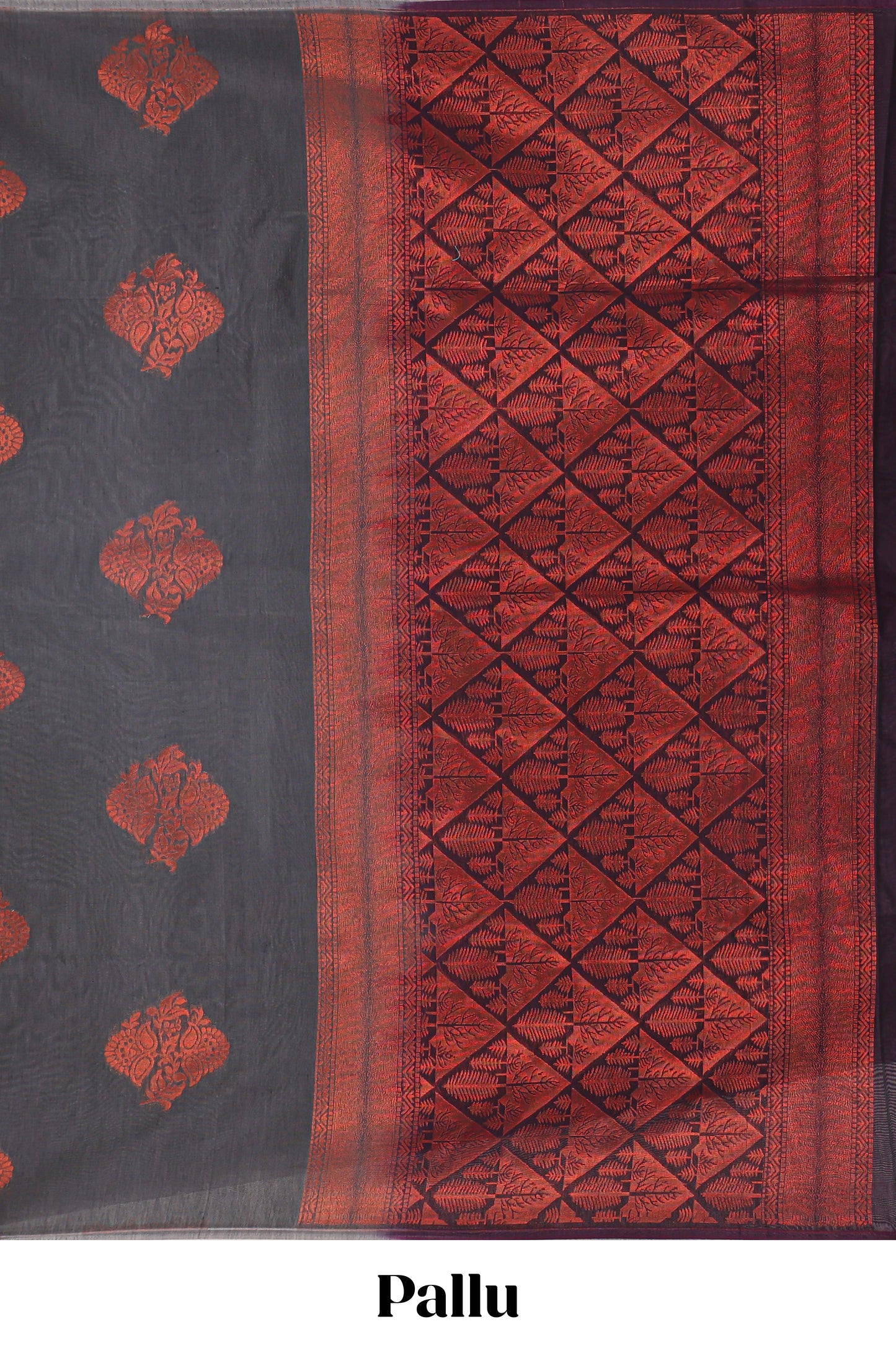 Borderless grey floral motifs semisilk cotton saree with contrast zari pallu and blouse