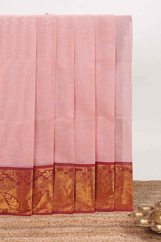 Baby pink plain venkatagiri cotton saree with contrast zari border and striped pallu