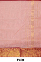 Baby pink plain venkatagiri cotton saree with contrast zari border and striped pallu