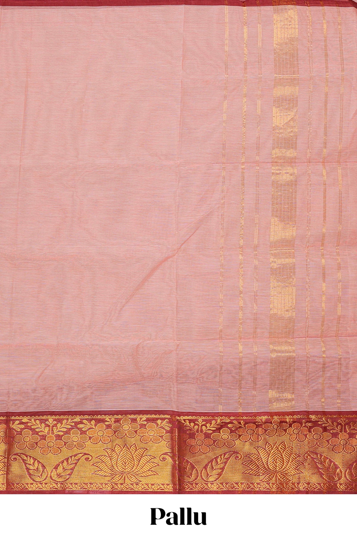 Baby pink plain venkatagiri cotton saree with contrast zari border and striped pallu