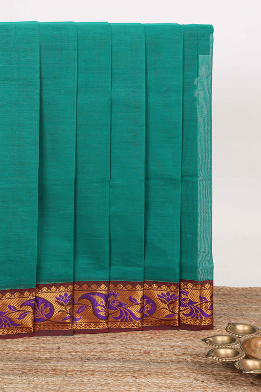 Green plain venkatagiri cotton saree with contrast zari border and striped pallu