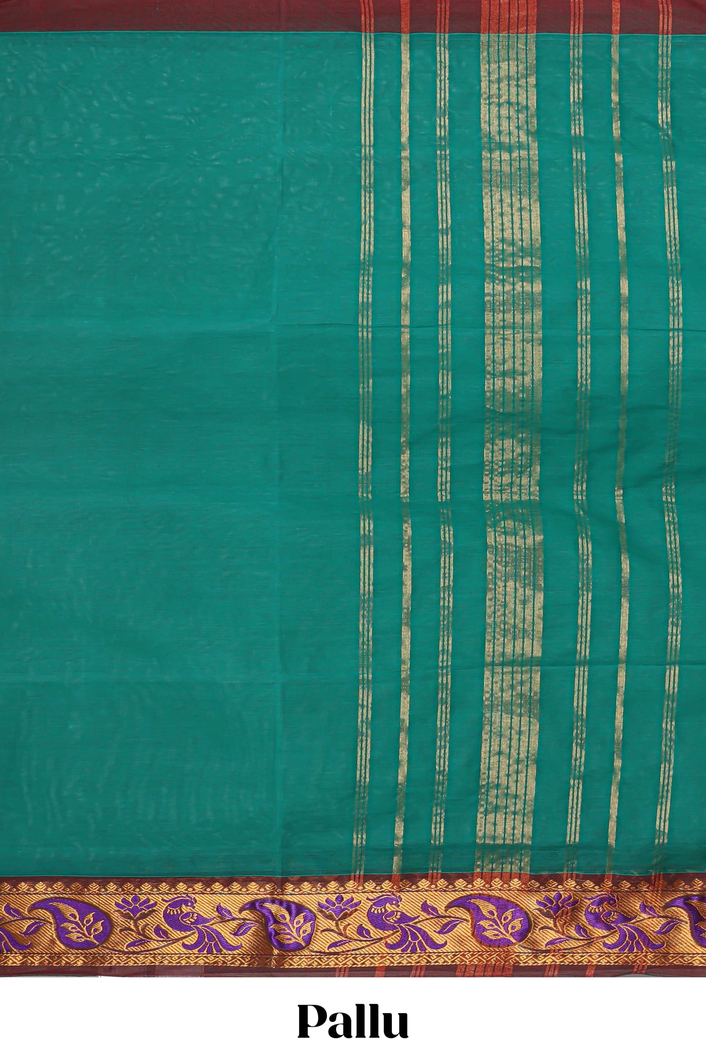 Green plain venkatagiri cotton saree with contrast zari border and striped pallu