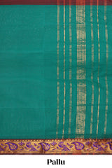 Green plain venkatagiri cotton saree with contrast zari border and striped pallu