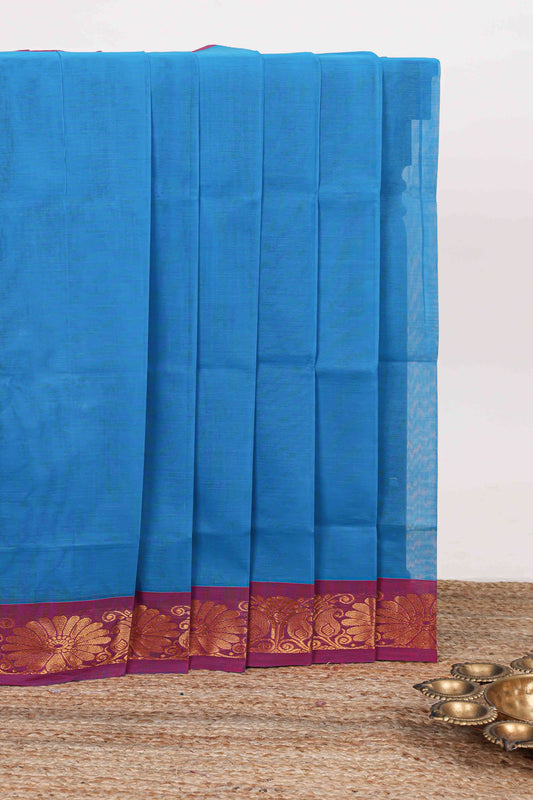 Blue plain venkatagiri cotton saree with contrast zari border and striped pallu