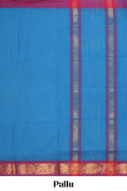 Blue plain venkatagiri cotton saree with contrast zari border and striped pallu