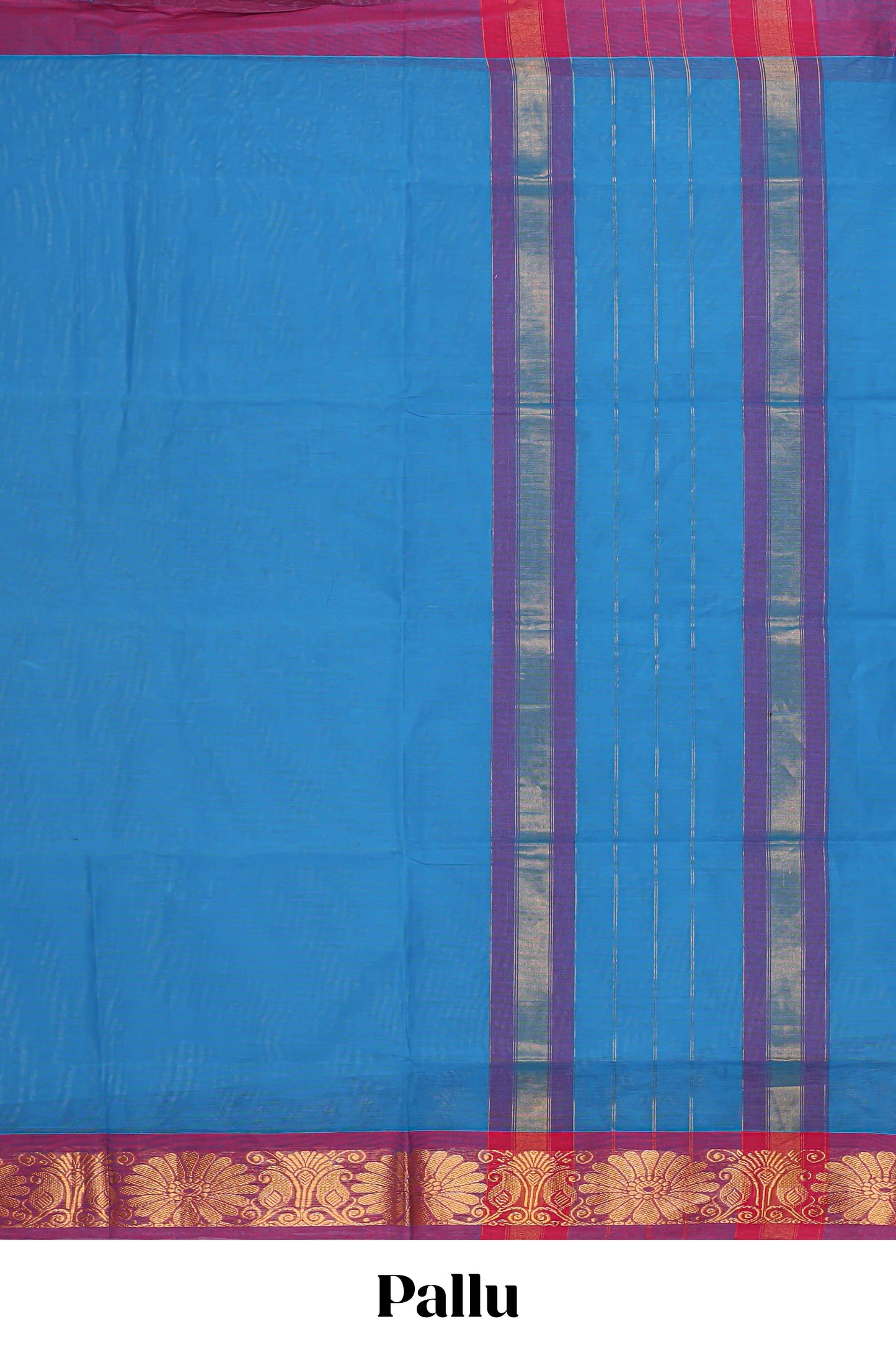 Blue plain venkatagiri cotton saree with contrast zari border and striped pallu