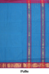 Blue plain venkatagiri cotton saree with contrast zari border and striped pallu