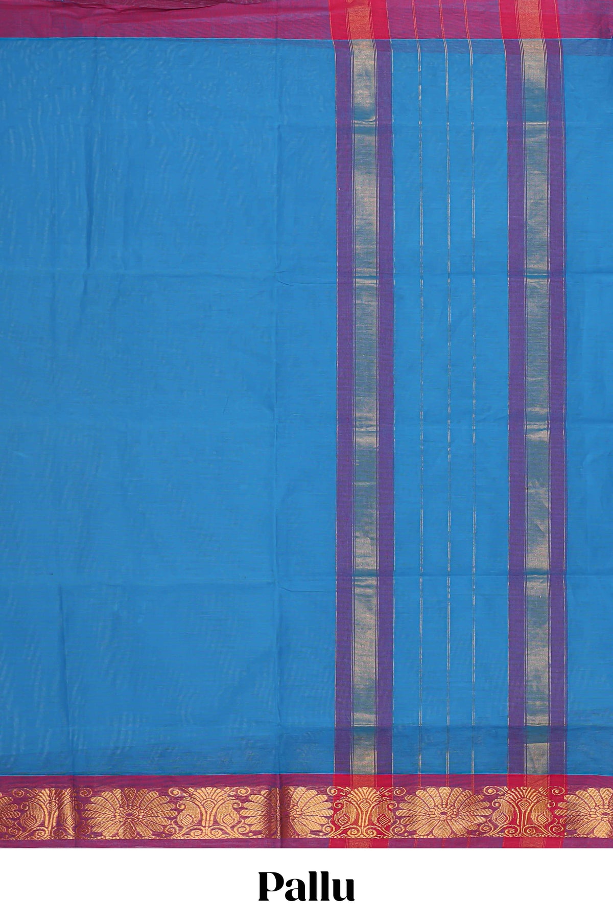 Blue plain venkatagiri cotton saree with contrast zari border and striped pallu