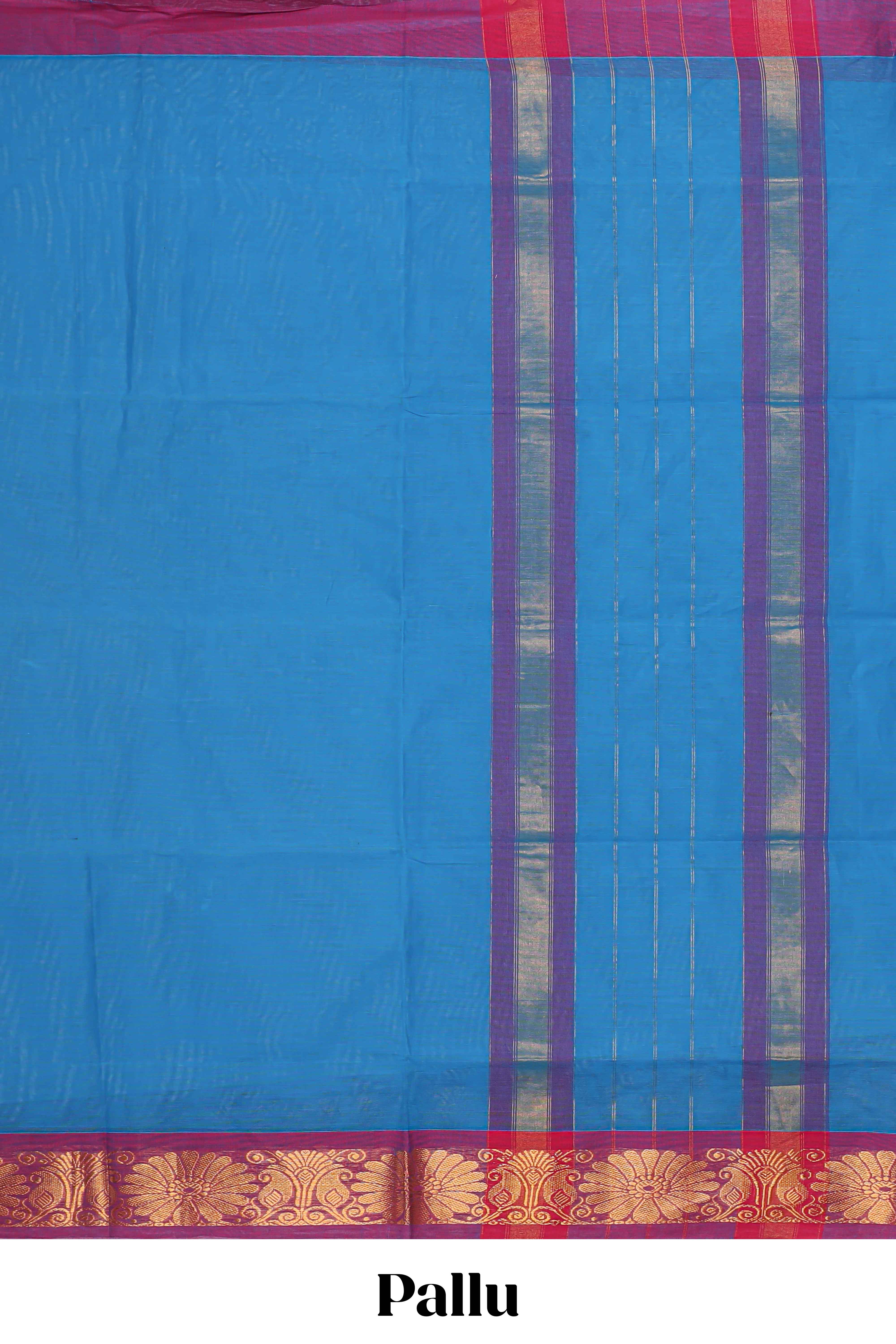 Blue plain venkatagiri cotton saree with contrast zari border and striped pallu