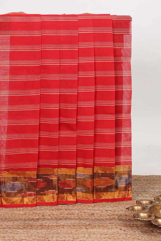 Red striped venkatagiri cotton saree with self ikkat style zari border and matching striped pallu