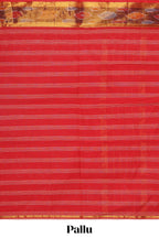 Red striped venkatagiri cotton saree with self ikkat style zari border and matching striped pallu