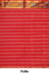 Red striped venkatagiri cotton saree with self ikkat style zari border and matching striped pallu